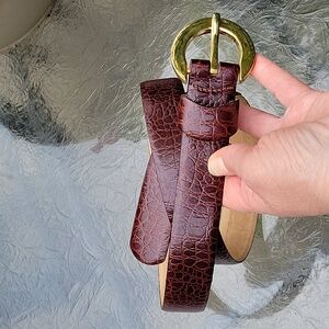 Embossed Italian Croc GENUINE LEATHER Brown Belt Round Gold Buckle Crocodile W36